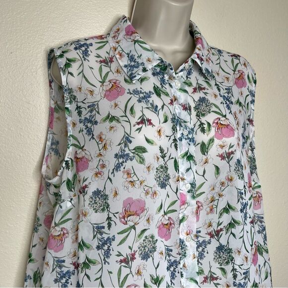 H&M+ Floral Chiffon Sleeveless Button Front Semi Sheer Poly Blouse Women Size 16 - Picture 2 of 11